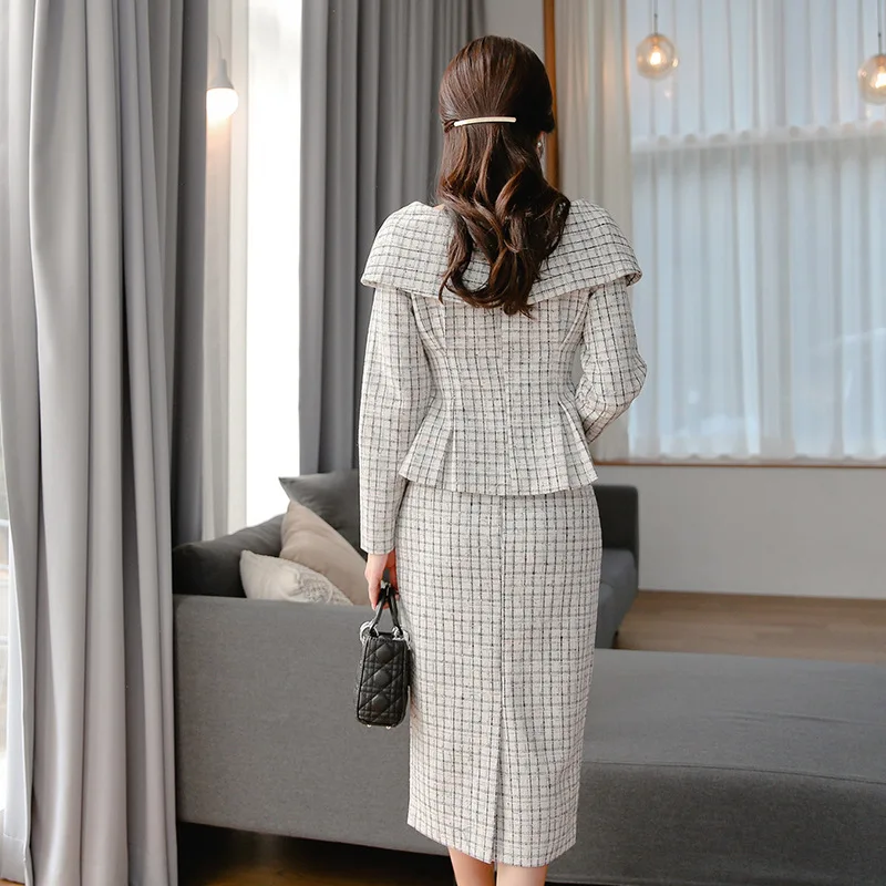 

2020 New Modis Streetwear Two Piece Set Women Print Plaid Korean Blouse and Slim Midi Bodycon Skirt Ladies 2 Piece Set Plus Size