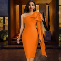 women one shoulder bow dress solid color long sleeve midi skirt sexy high waist slimming hip wrap skirt 2021 summer new year