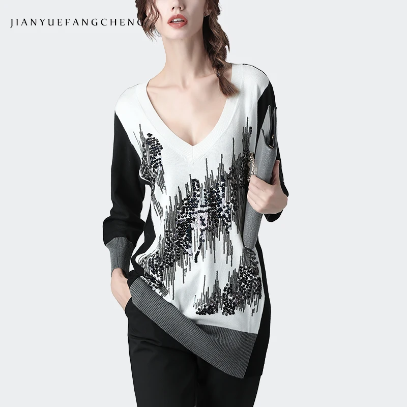 100% хлопок женский свитер с пайетками длинными размера плюс ВЯЗАННЫЙ ПУЛОВЕР