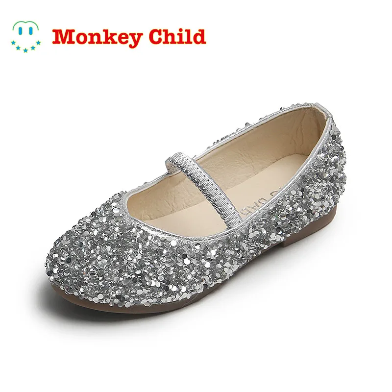 Spring Summer Girls Shoes Bling Princess Shoes For Big Girl Silver Wedding Shoes Elastic Mary Janes Kids Flats Child Shoes Lady