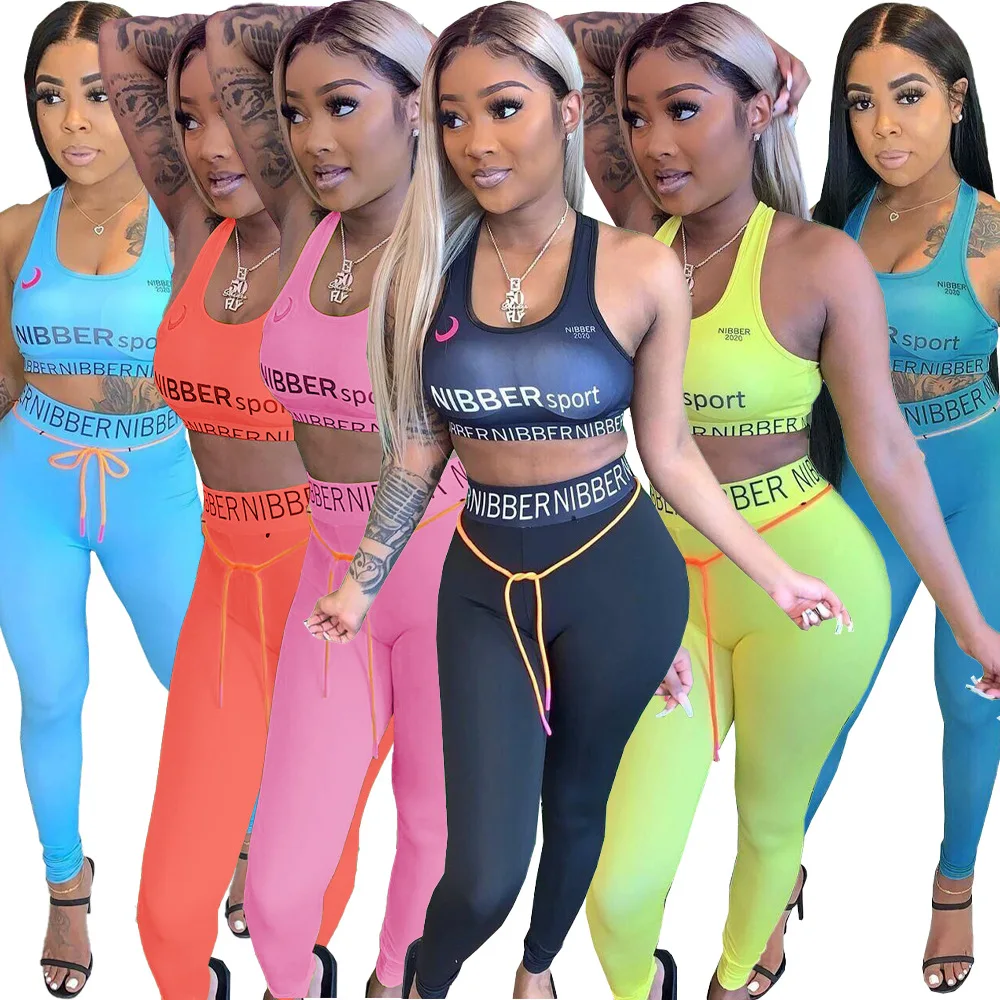 

2020 Summer Sports Suit Sexy Letter Print Vest Skinny Vest Pants Two Piece Set European and American Women