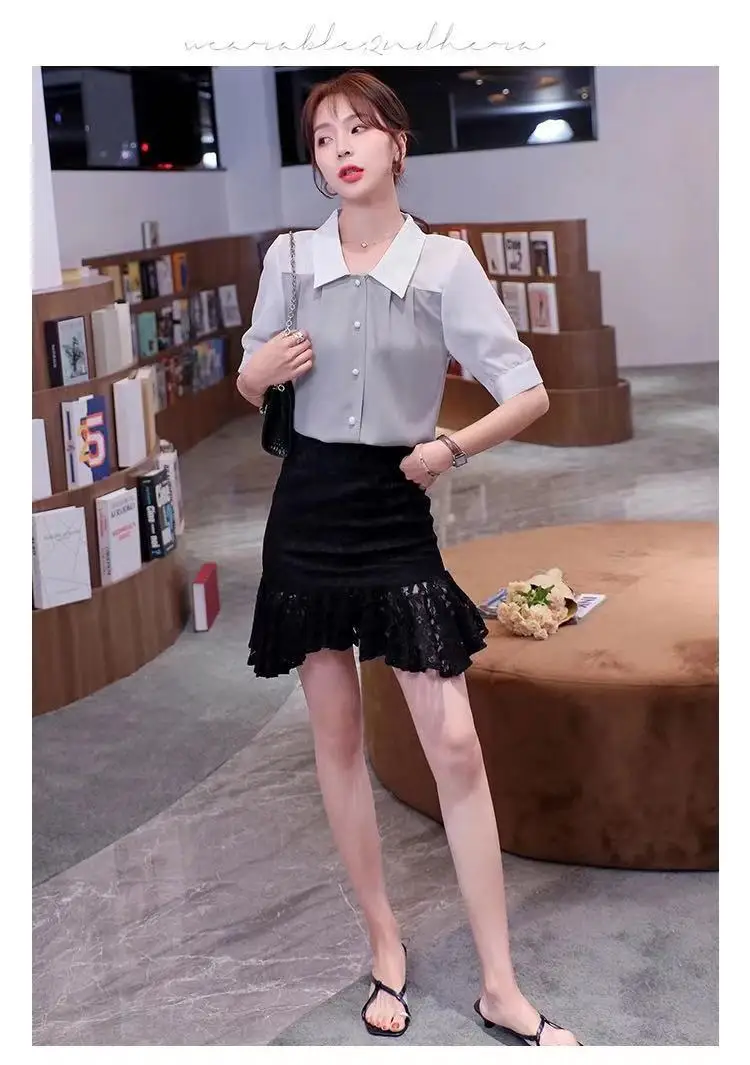 

Houthion Chiffon Slim Women's Blouses New Casual Blouse Fashion Short Sleeve Top Buttons Splicing Polo Shirt Summer