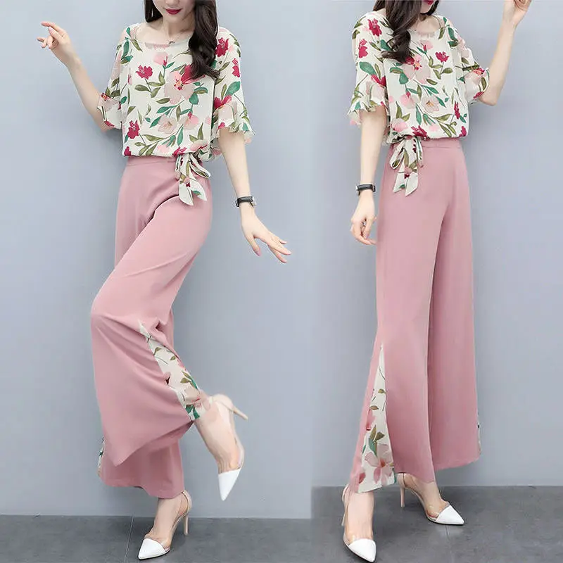 

Summer New Fashion Women Two Piece Set Retro Printed Bohemian Style 2 Piece Set Shirt And Wide-leg Pants Casual Women Clothes