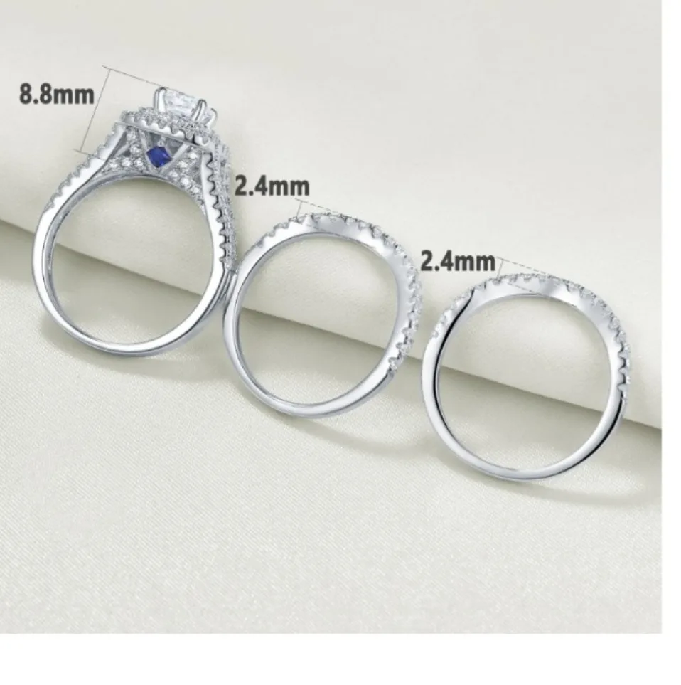 Newshe 3 шт. 925 пробы серебряные обручальные кольца для женщин 2 Ct AAA CZ Синие боковые камни классические ювелирные изделия обручальное кольцо набор