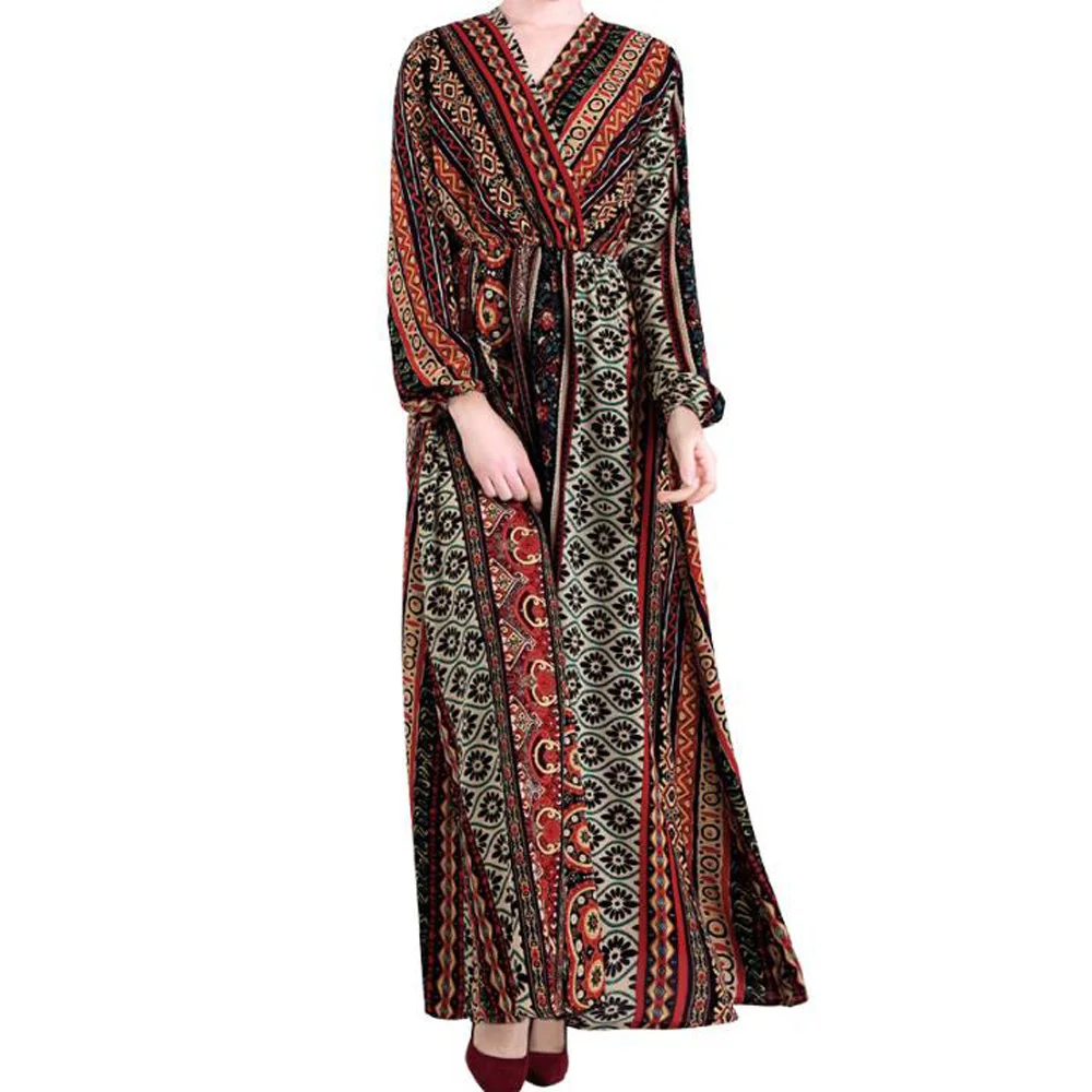 

Muslim Women Dress Elegant Party Abaya High Waist Middle Eastern Long Sleeve Ethnic Floral Print Turkish Dress Islamic Clothing