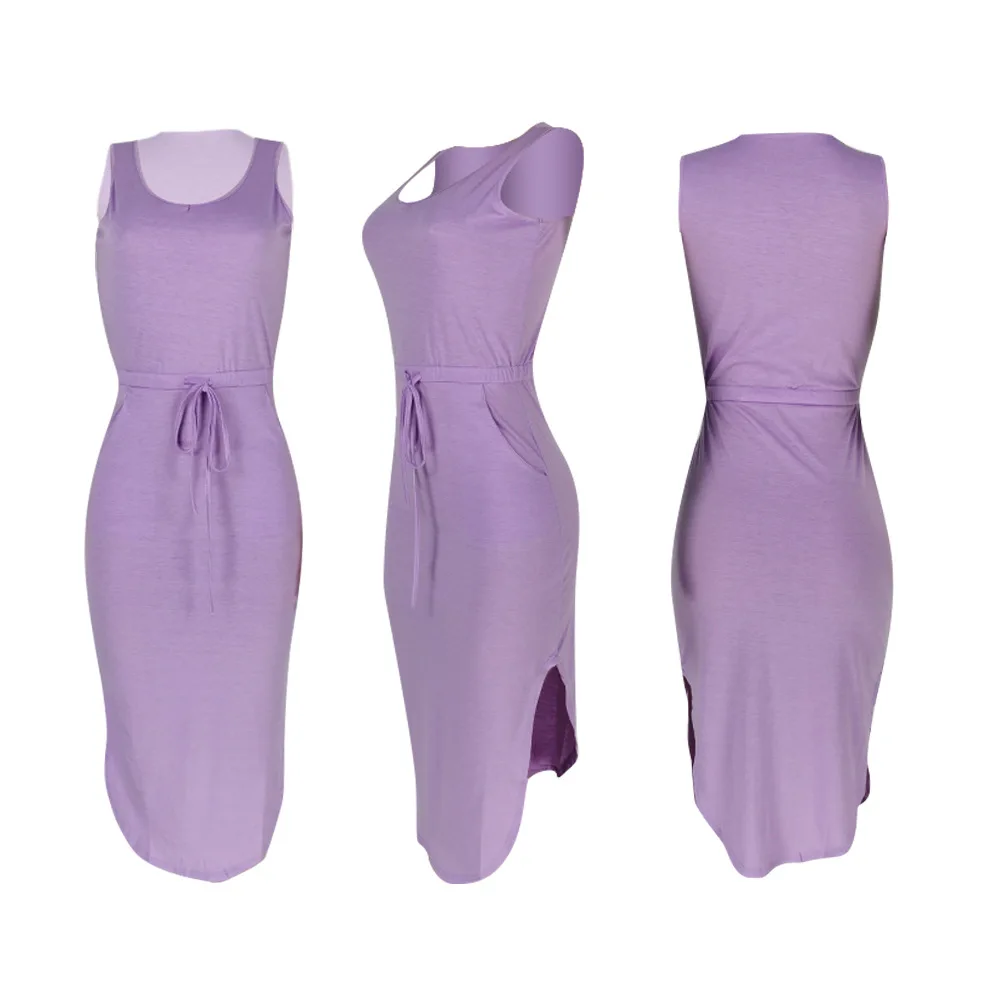 

Summer Sleeveless V Neck Tank Dress Solid Casual Slim Bandage Pocket Bodycon Beach Dresses Vestidos De Mujer