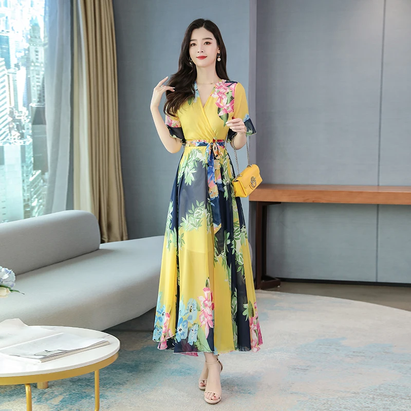 

2021 New Women Summer Dress Plus Size M-4XL Sexy V-Neck Flowers Print Big Hem Chiffon Long Dress Elegant Vintage Dress