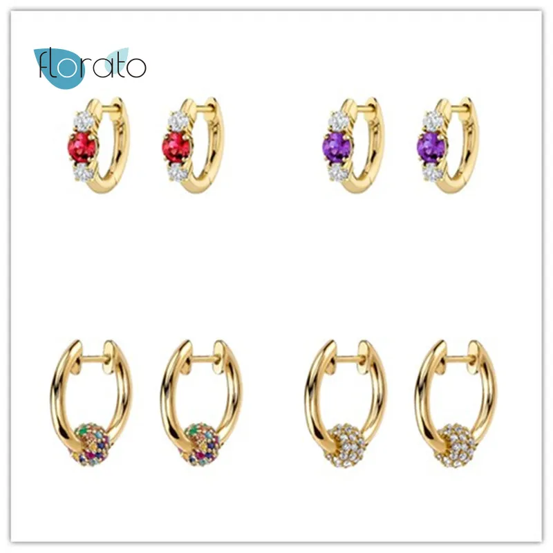 

925 Sterling Silver Colorful CZ Crystal Small Hoop Earring for Women Gold Color Rainbow Round Huggie Hoop Earring Jewelry Gifts