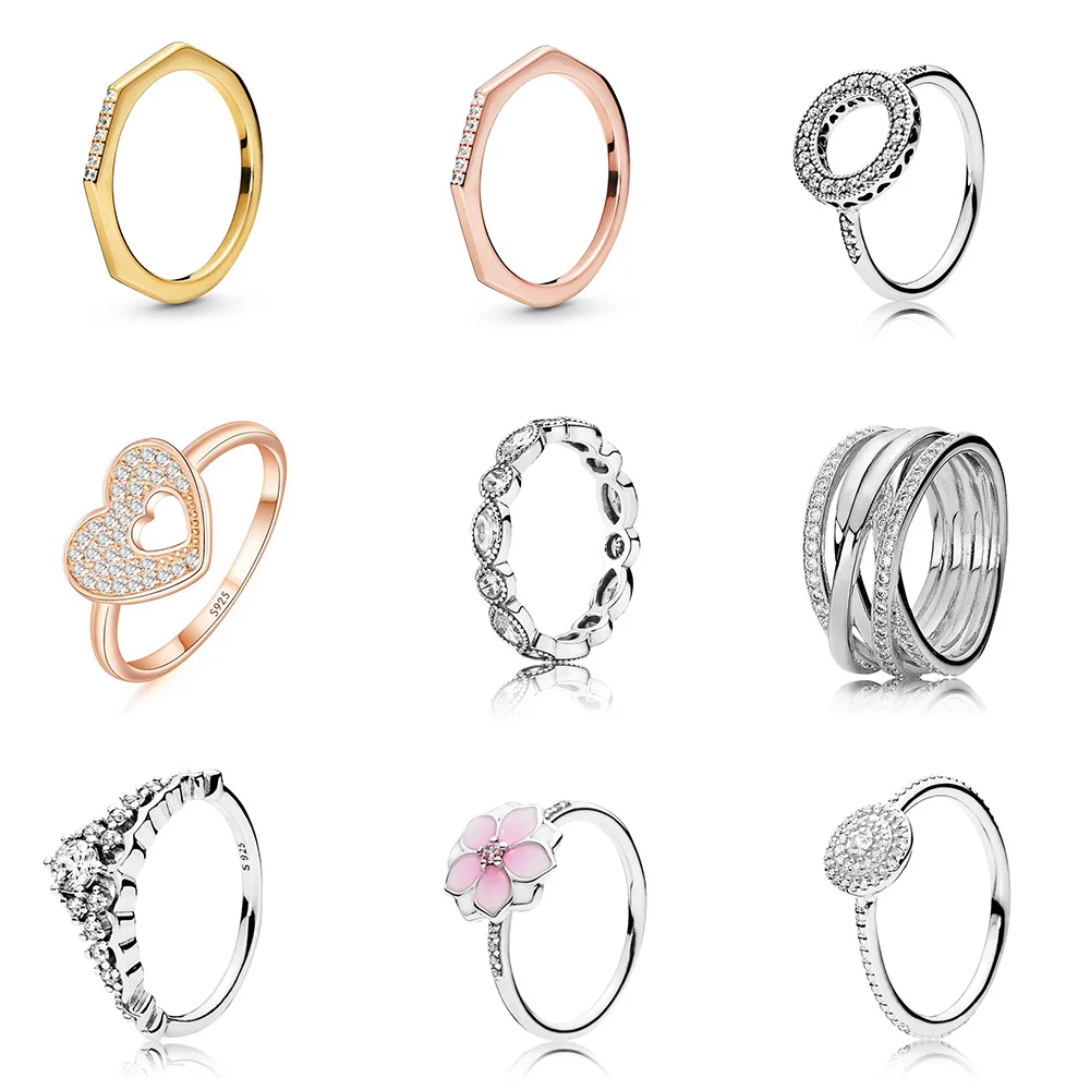 

925 Sterling Silver Ring Charms Simple Nut Rose Gold Pink Flower Crown With White Cz Crystal Finger Ring For Women Jewelry