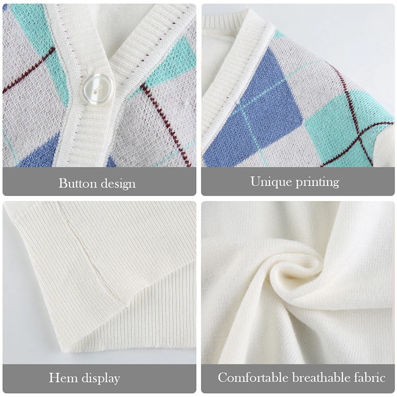 

2020 Hot Sale Women Plaid Print Sweater Knitted Cardigan V-neck Sweater Long Sleeve Top Wild Sweater