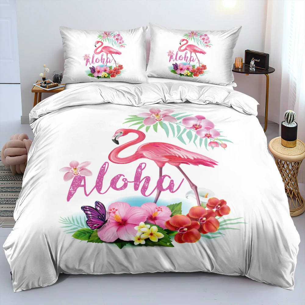 

3D Cartoon White Flamingo Linens Bed Pink Flower Comforter/Duvet Cover Set Twin King Size 220x240cm Bedding Set Home Textile