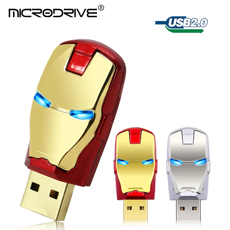 С металлической эмблемой Железного человека USB флэш-накопитель 64 ГБ 32 ГБ 16 ГБ 8 ГБ 128 ГБ ironman head светодиодный светящийся usb-накопитель USB2. 0 pendrive