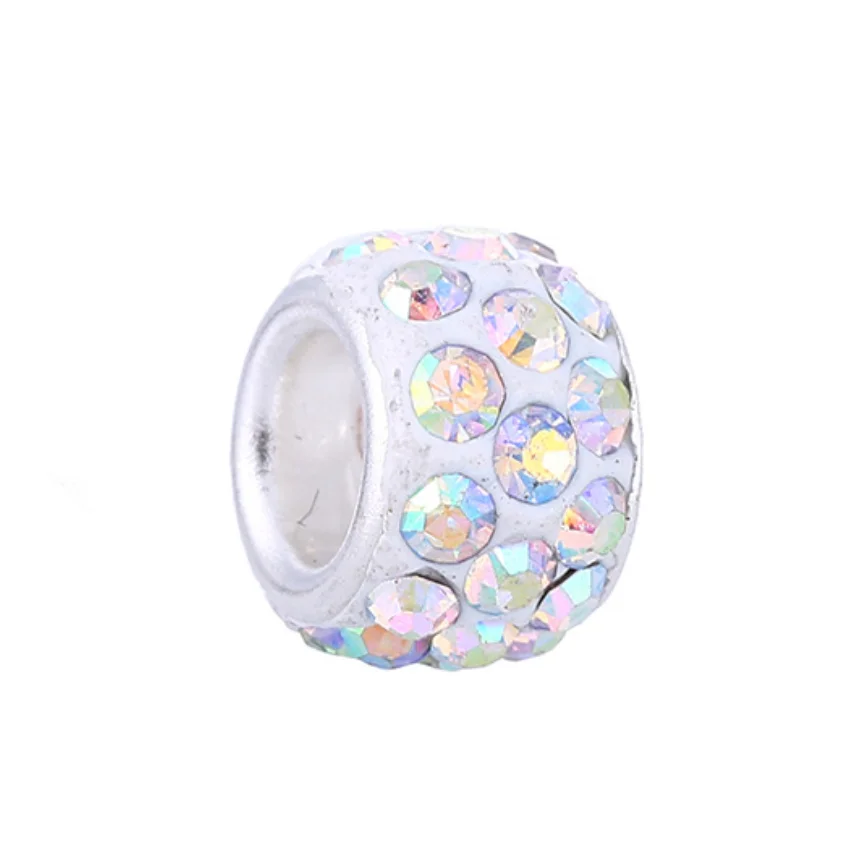 Дешево!!! 100 шт. модные круглые глиняные вставки с ринестонами, серебряное ядро, бусины европейского стиля с большим отверстием, подходят для браслета 11 см.