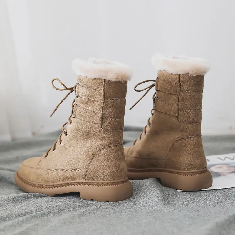 Женские зимние ботинки; нескользящие Полусапоги; Botas Mujer; теплая зимняя обувь до середины икры на платформе с толстым мехом; британский стиль; Цвет черный, бежевый