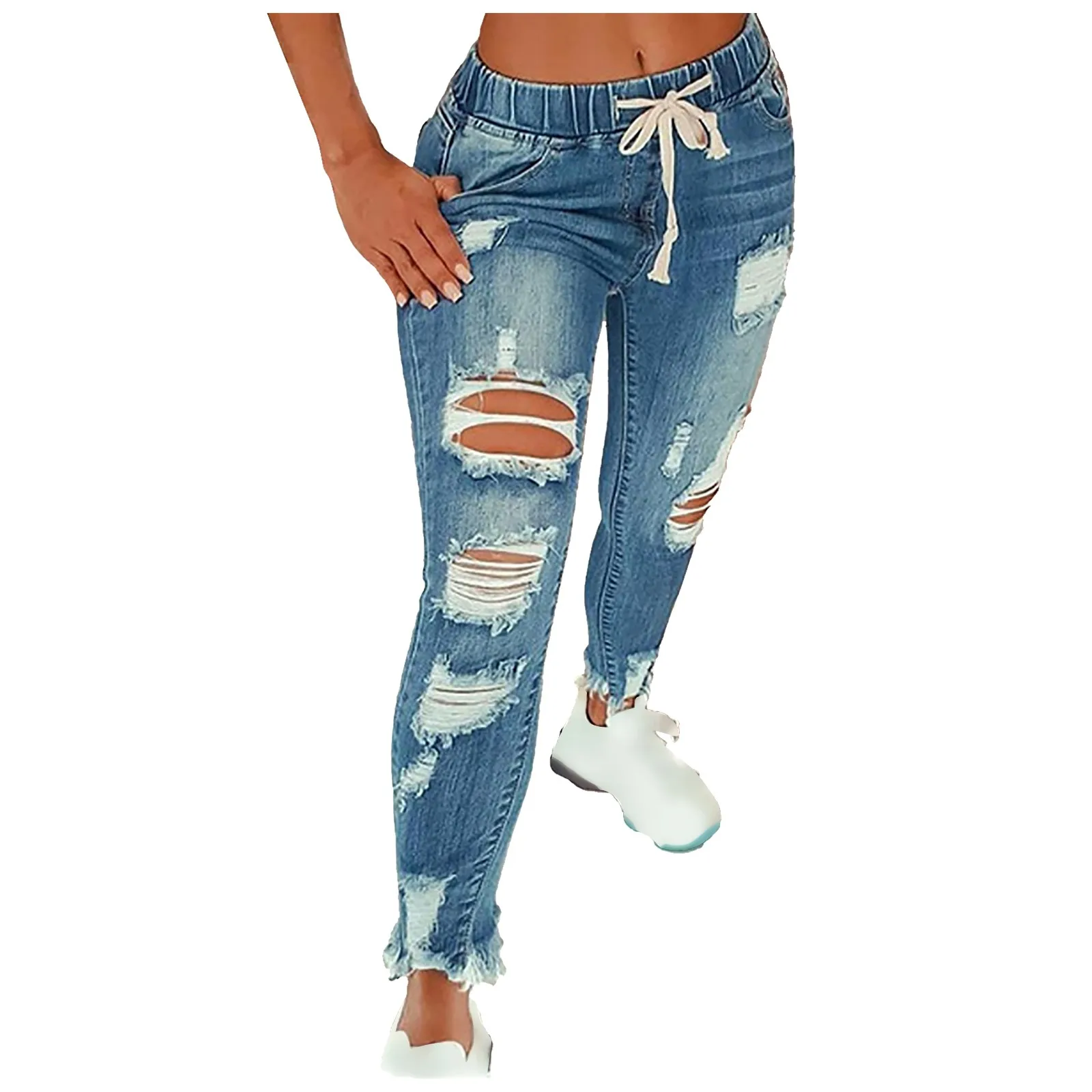 

Women's 2021 New Fashion Casual Solid Color Holes Excoriation Pocket Drawstring High-Waisted Slimming Jeans Pencil Long Trousers