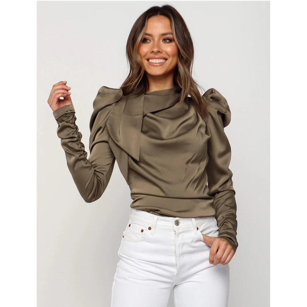 Модные женские атласные блузки Meihuida элегантные однотонные рубашки с бантом на