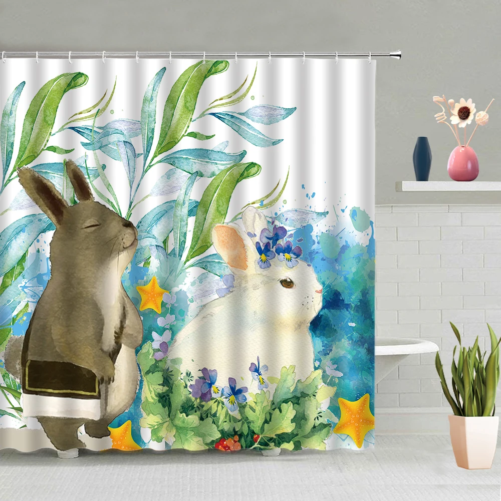 

Easter Shower Curtain Cartoon Rabbit Colored Eggs Children Bathroom Screen Decor 3d Printed Waterproof Wall Hanging Curtains Set