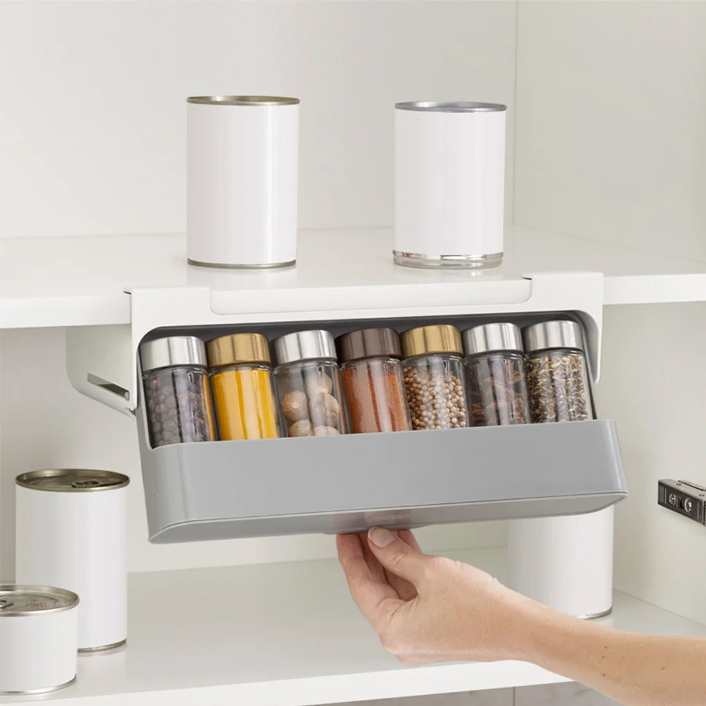 

Home Kitchen Self-adhesive Wall-mounted Under-Shelf Spice Organizer Spice Bottle Storage Rack Kitchen Supplies Storage In Stock