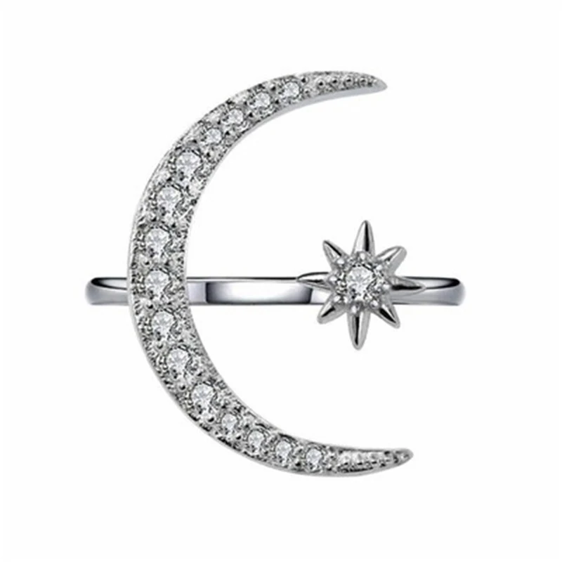 Silver Кольца женские модные ювелирные изделия Луна& ЗВЕЗДА сверкающий циркон камень украшения открытые, кольца на палец девушки дамы ювелирные изделия аксессуары подарок - Цвет основного камня: Silver