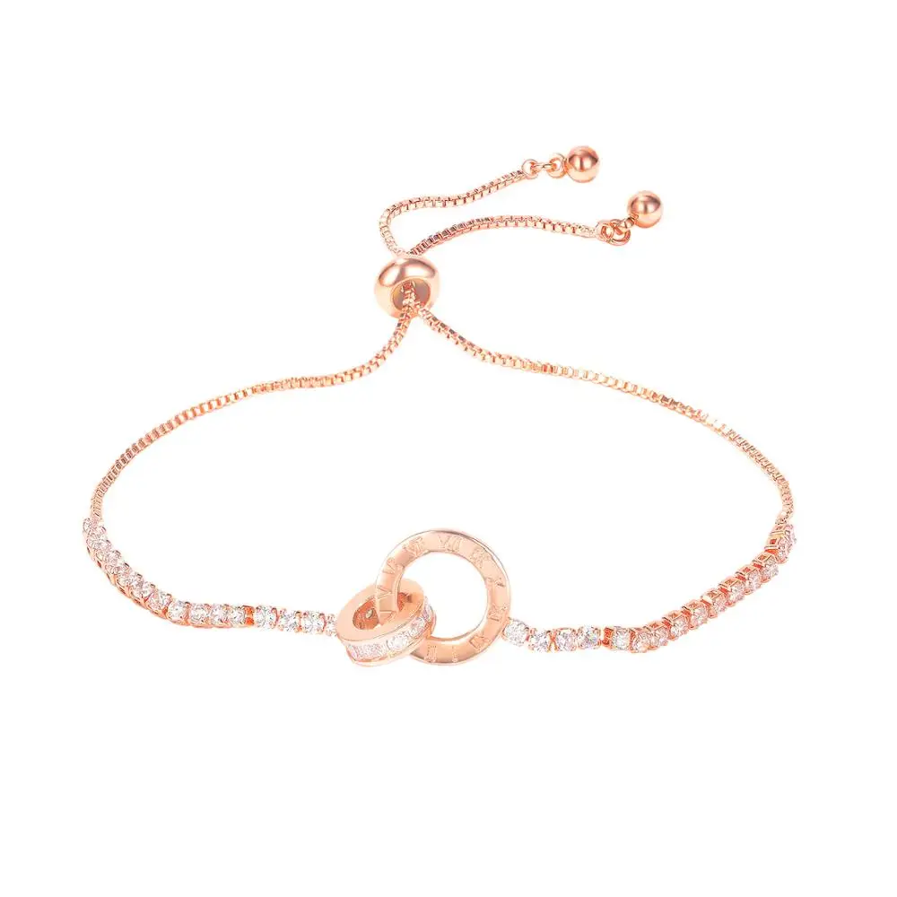 

Fashion Cubic Zirconia Rose Gold Copper Roman Numerals Round Adjustable Bracelet Bangle For Women Crystal Wedding Jewelry