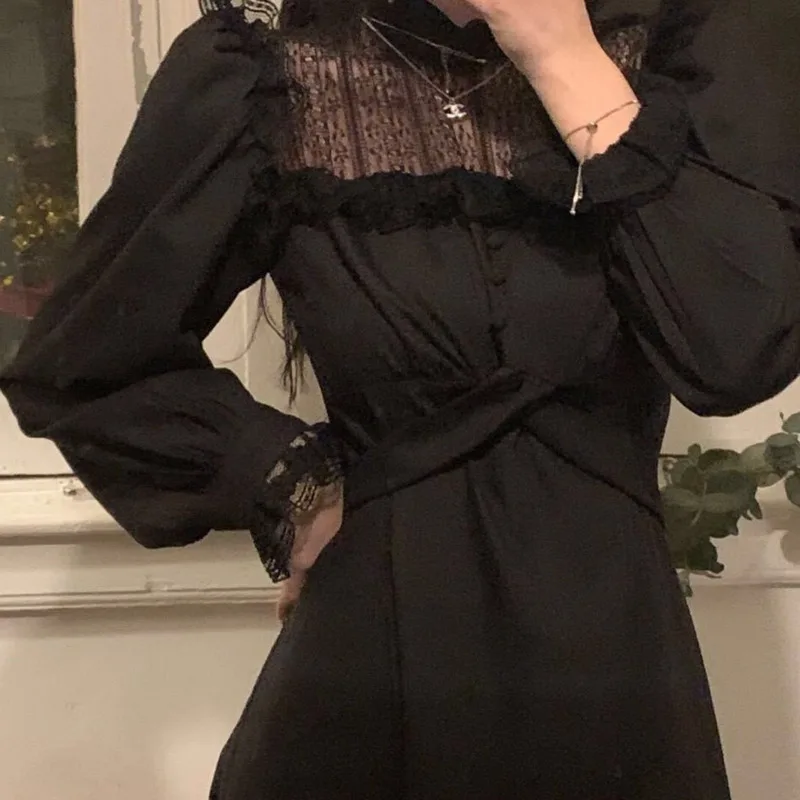 Черное платье феи с длинным рукавом весеннее кружевное свободное женская