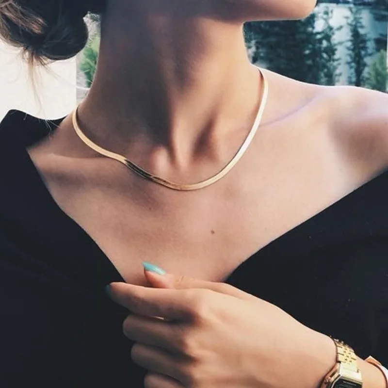 

Women Necklace Gold Blade Chain on Neck Choker Necklace Women Sexy Flat Snake Chain Jewelry Gift Clavicle Chocker Necklaces 1PC