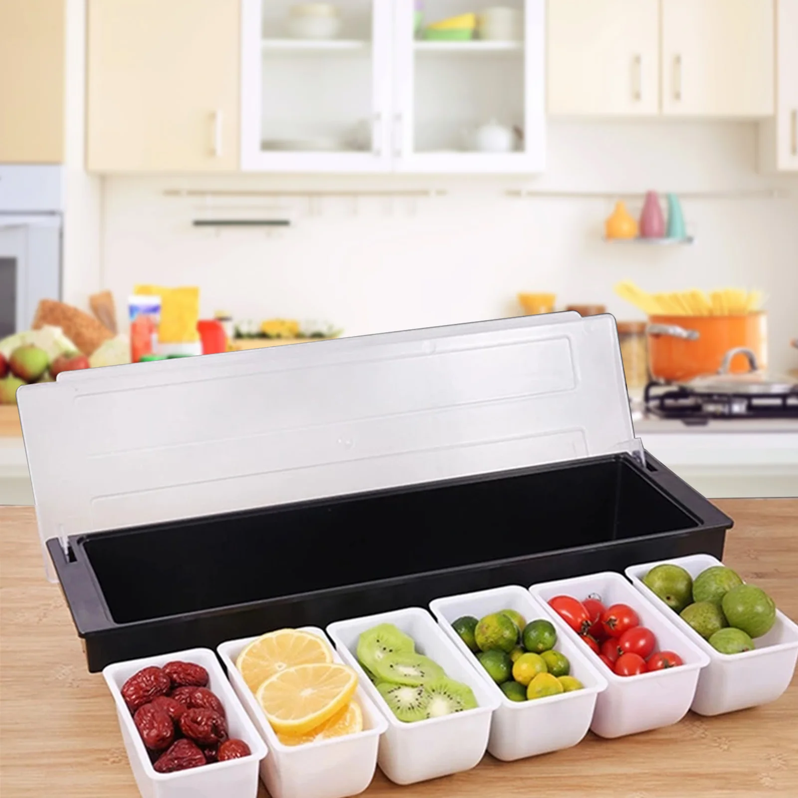 

6 Compartment Storage Box Condiment Dispenser Bar Fruit Caddy Garnish Tray Kitchen Spices Storage Holder Home Kitchen Tools