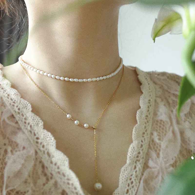 Gargantilla de cadena de perlas simples para mujer, collar largo Retro con borla rellena de oro de 14K, joyería sexual, accesorios de fiesta