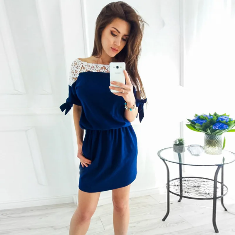 

Ladies Summer Casual Fashion Dress Elegant Round Neck Hollow Lace Top Stitching Tunic Short Skirt