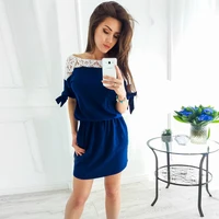 ladies summer casual fashion dress elegant round neck hollow lace top stitching tunic short skirt
