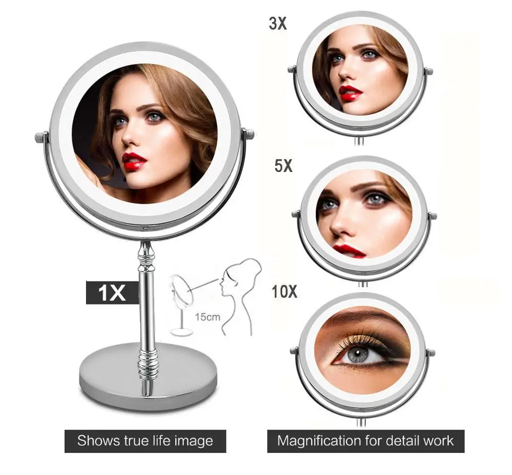 

2-Sided Vanity Makeup LED Mirror 3/5/10X Magnification, Touch Brightness Adjustable, Tabletop Cosmetic Mirror, 360 Swivel