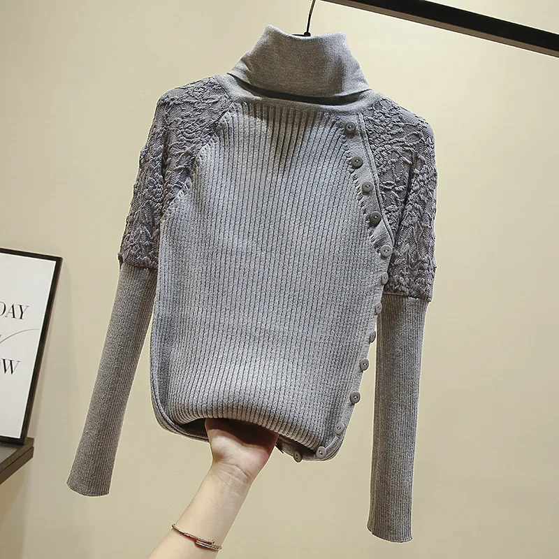 Осенне-зимний женский свитер с кружевом новинка 2019 высокий воротник кружева