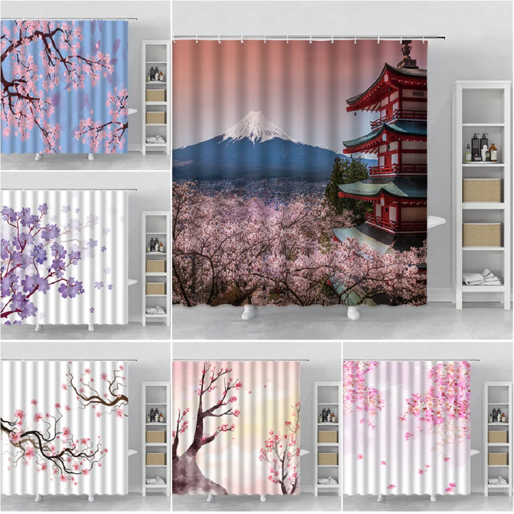 Pink Sakura Flowers Shower Curtains Japanese Cherry Blossoms Trees Floral Rustic Garden Landscape Fabric Print Bathroom Decor