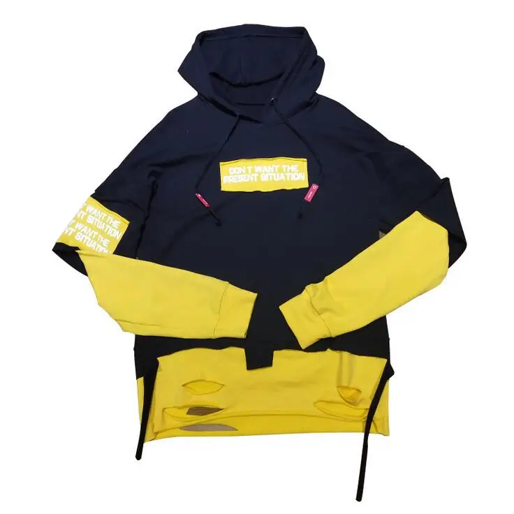 

Autumn winter men fake two piece ripped patchwork hip hop hoodie streetwear mens hiphop oversized sweatshirts sudadera hombre