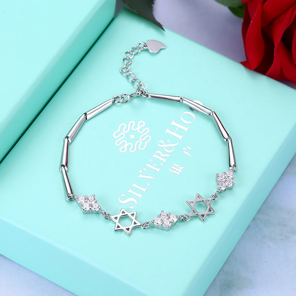 

ZEMIOR Diamond Shaped Cubic Zircon CZ Crystal Bracelets & Bangles Star Romantic Jewelry Lady Women 925 Sterling Silver