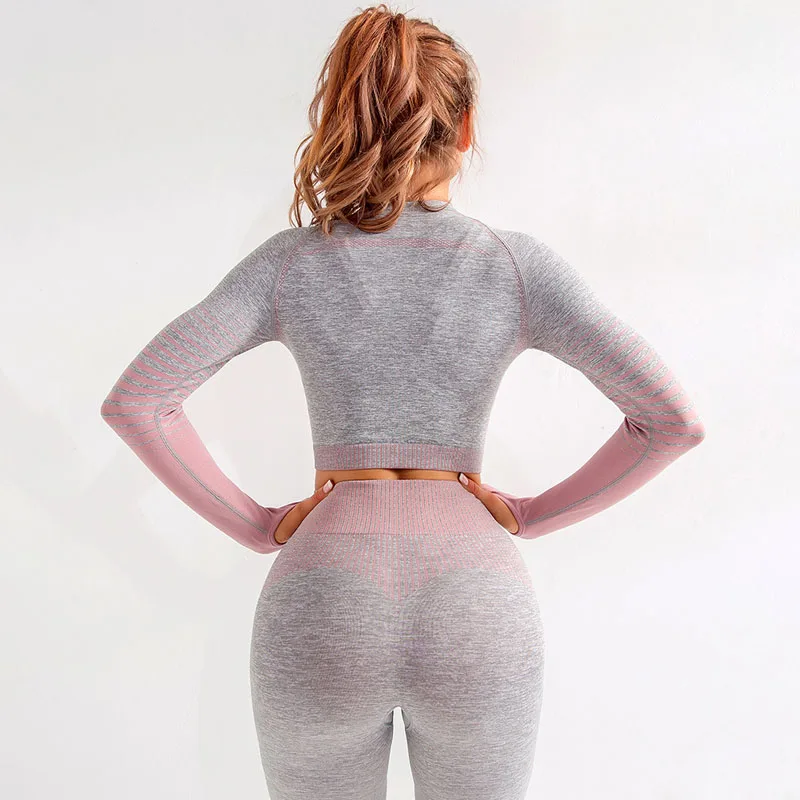

NORMOV Fitness Women Tops Workout O Neck Long Sleeve Striped Patchwork Spandex Tees Casual Femme Short Tops