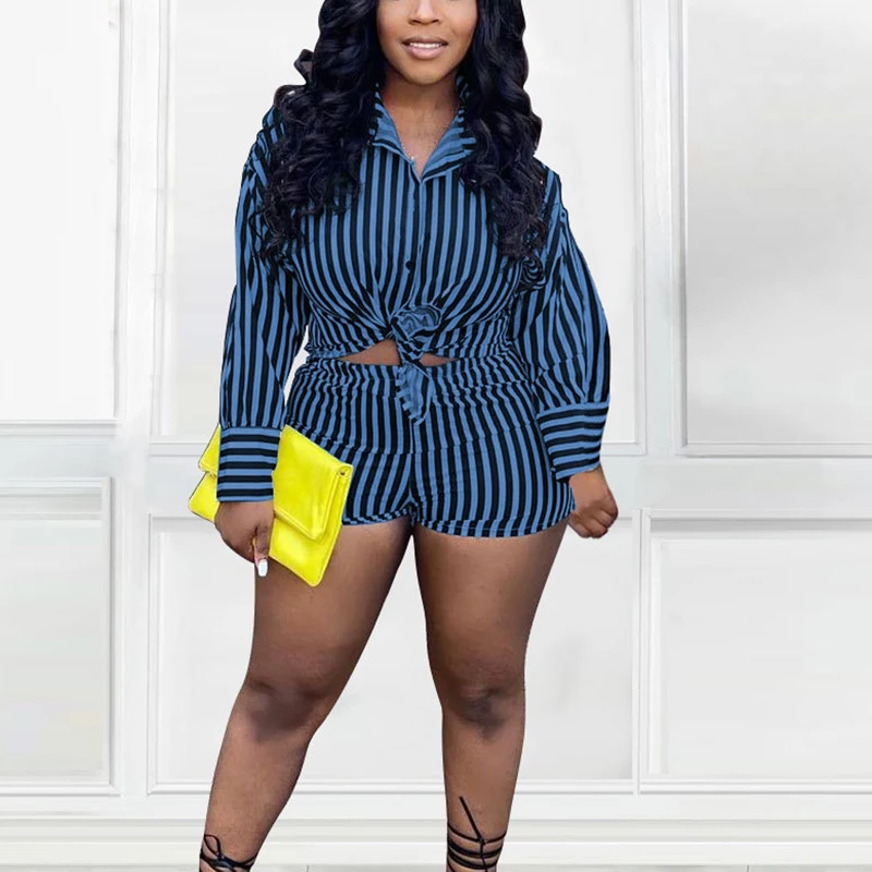 

Two Piece Striped Suits Long Sleeve Button Up Shirt & Bodycon Shorts Set Casual Tracksuits