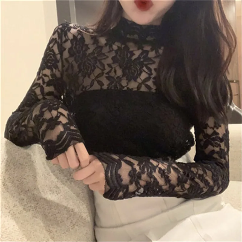 Женские топы и блузки Сексуальная кружевная рубашка с высоким воротом женские