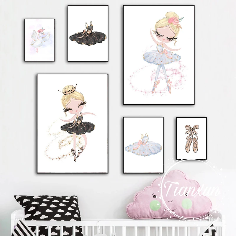 

Simple Modern Cartoon Princess Swan Canvas Painting Dance Girl Pony Animal Combination Poster Children's Room Decor Pictures