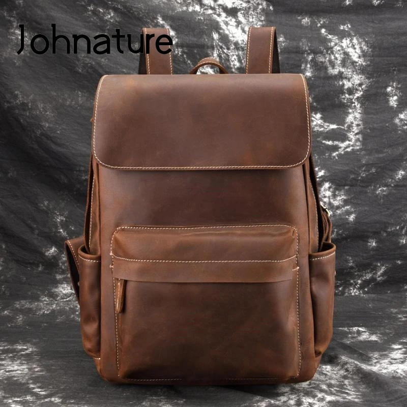 

Johnature Backpack Vintage Men Travel Bags 2021 New Crazy Horse Leather Large Capacity Genuine Leather Male Retro Backpacks