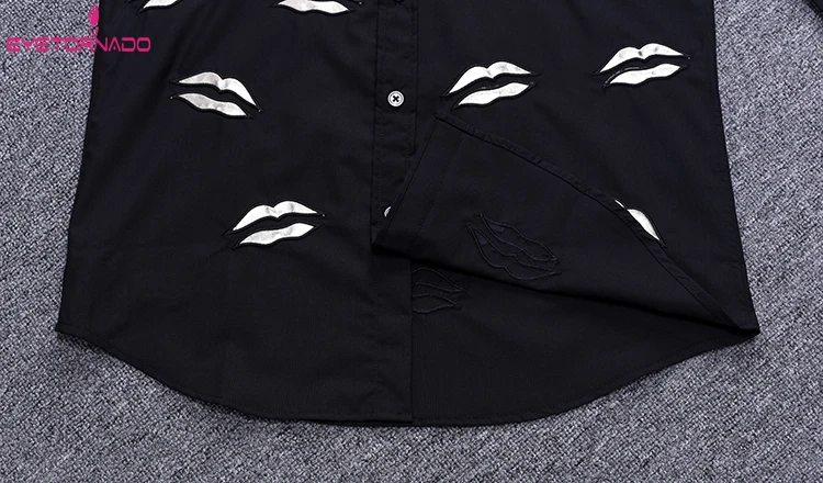 

Lips Embroidery Splicing Men Shirt Summer Autumn Long Sleeve Casual Work Shirts Black Slim Fit Gentlemen Harajuku Korean Shirt