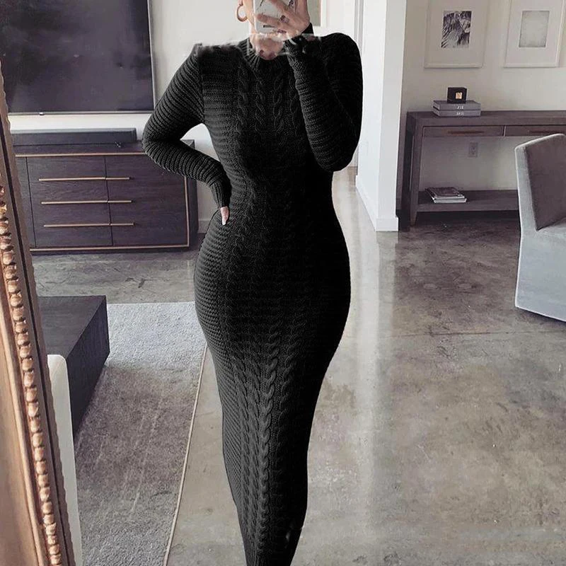 

Knitted Ruffles Sheath O-Neck Women's Long Dress Thick Warm Solid High Waist Ankle-Length Streetwear Black 2020 Winter Fashion