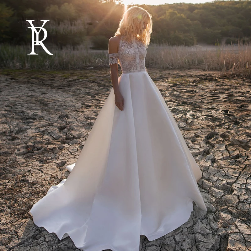 

YILIBERE Lace Wedding Dress Short Sleeve O-Neck Plus Size Luxury Lace Appliques Tulle Cathedral Train Robe Fluffy skirt