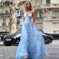 lorie light sky blue lace prom dresses beach boho spaghetti straps evening gowns floor length plus size 3d appliqued formal gown