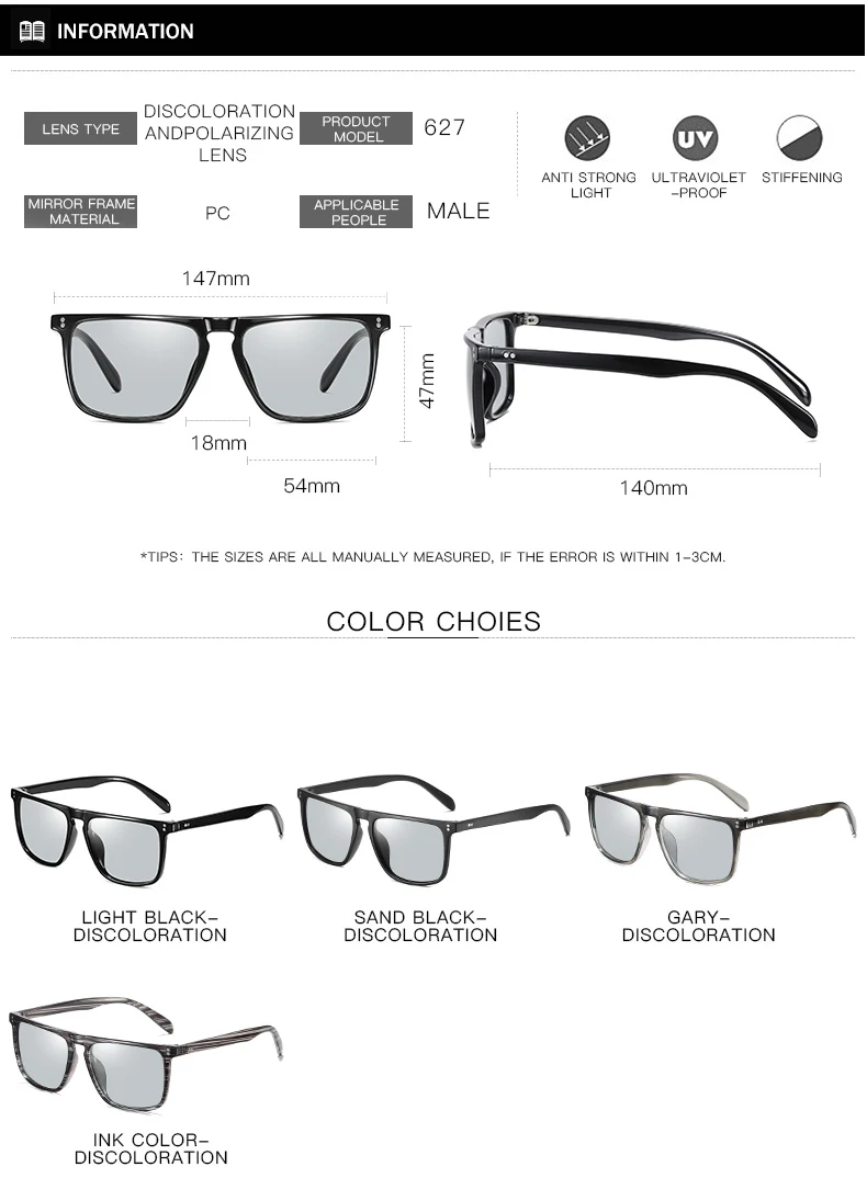 Brand Designer Rivet Square Photochromic Polarized Sunglasses Tony Stark Men Unisex Retro Sun Glasses Women gafas de sol hombre