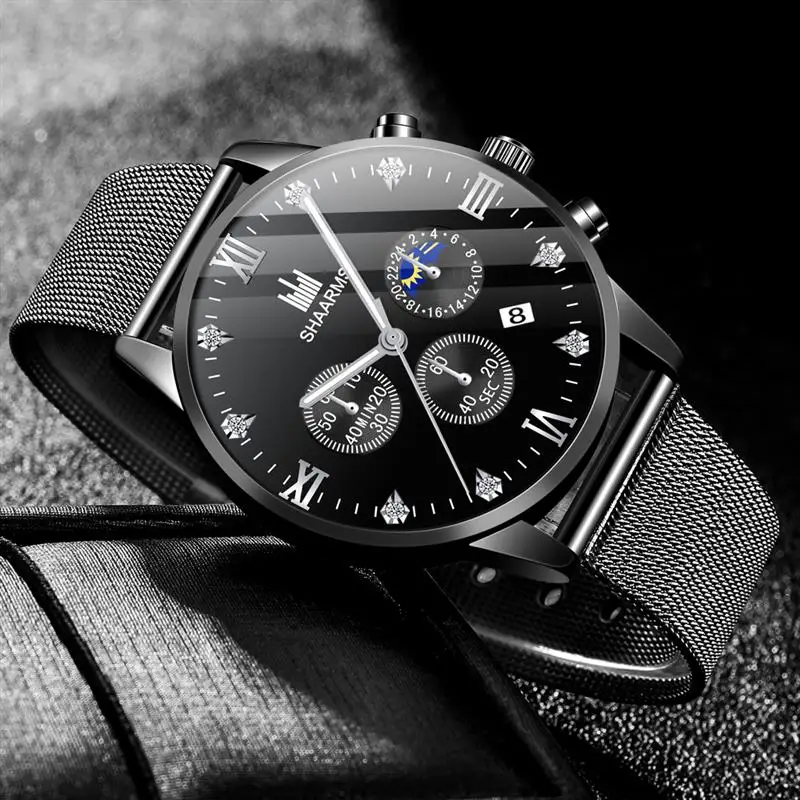 Модные черные мужские часы с бриллиантами и римскими цифрами сетчатые из