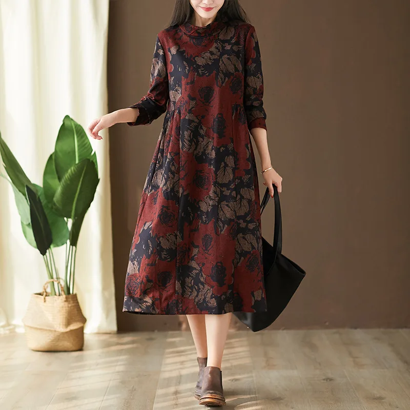 Johnature Женская одежда для отдыха новинка 2019 Осеннее винтажное платье свободное с