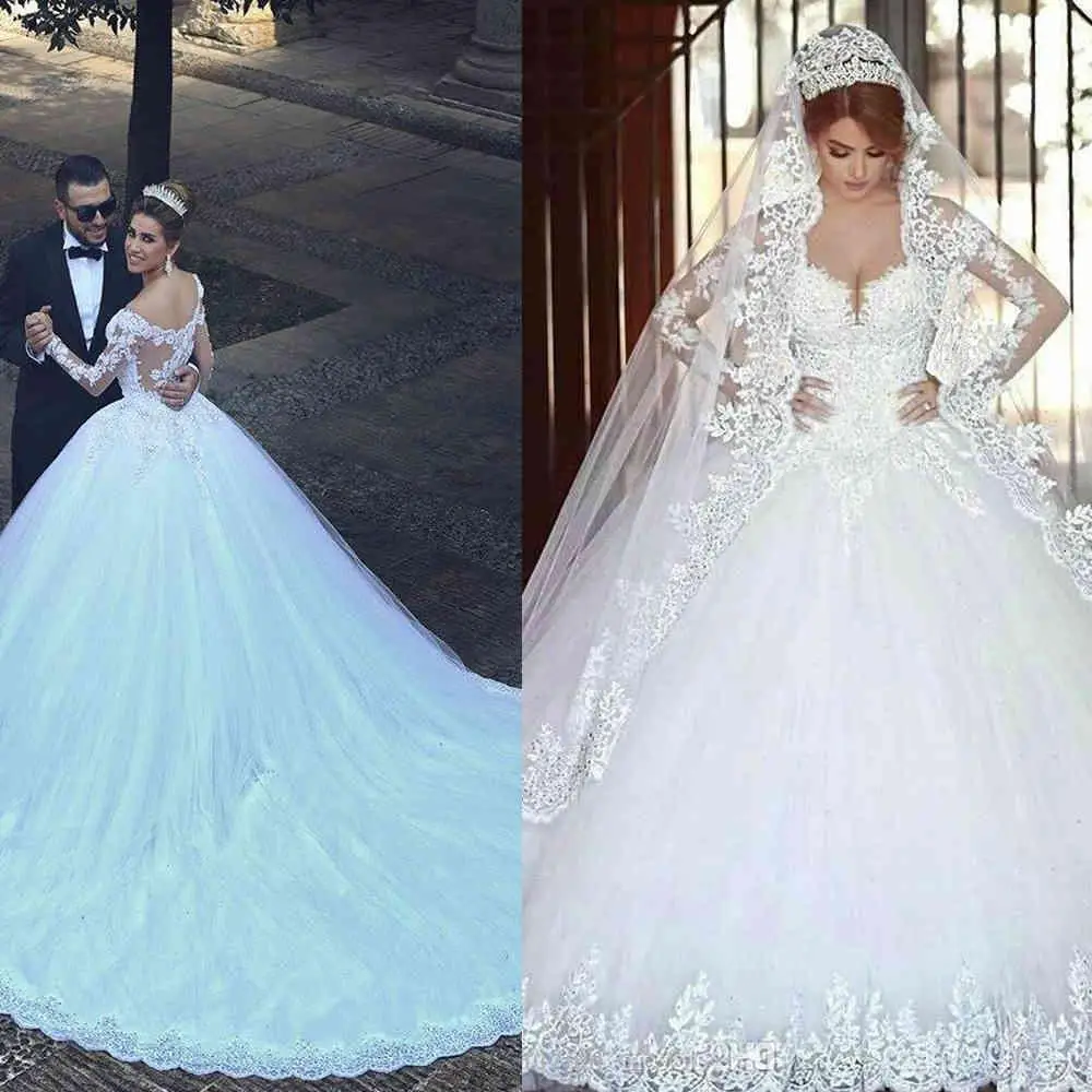 

Sweetheart Long Sleeves Lace Appliques Beads Long Chapel Train Plus Size Bridal Gowns Modern Arabic A Line Wedding