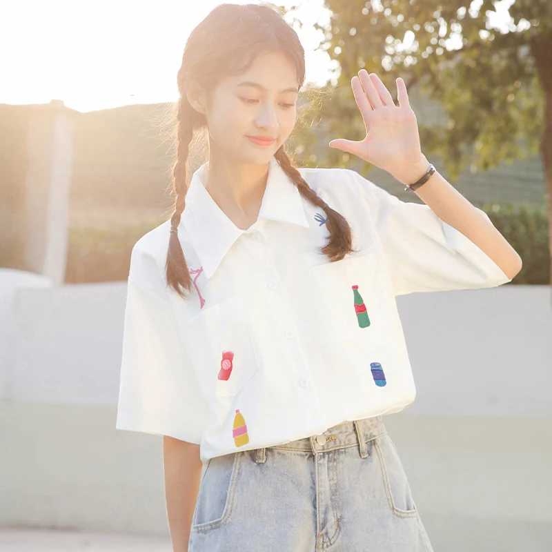 Рубашка поло женская с коротким рукавом шикарная хлопковая вышивкой в японском