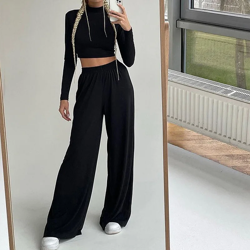 

Laamei Women Two Piece Set Wide Leg Pants Set + Crop Top Autumn Casual Elegant Turtleneck Minimalist Classic Outfit Female Suit